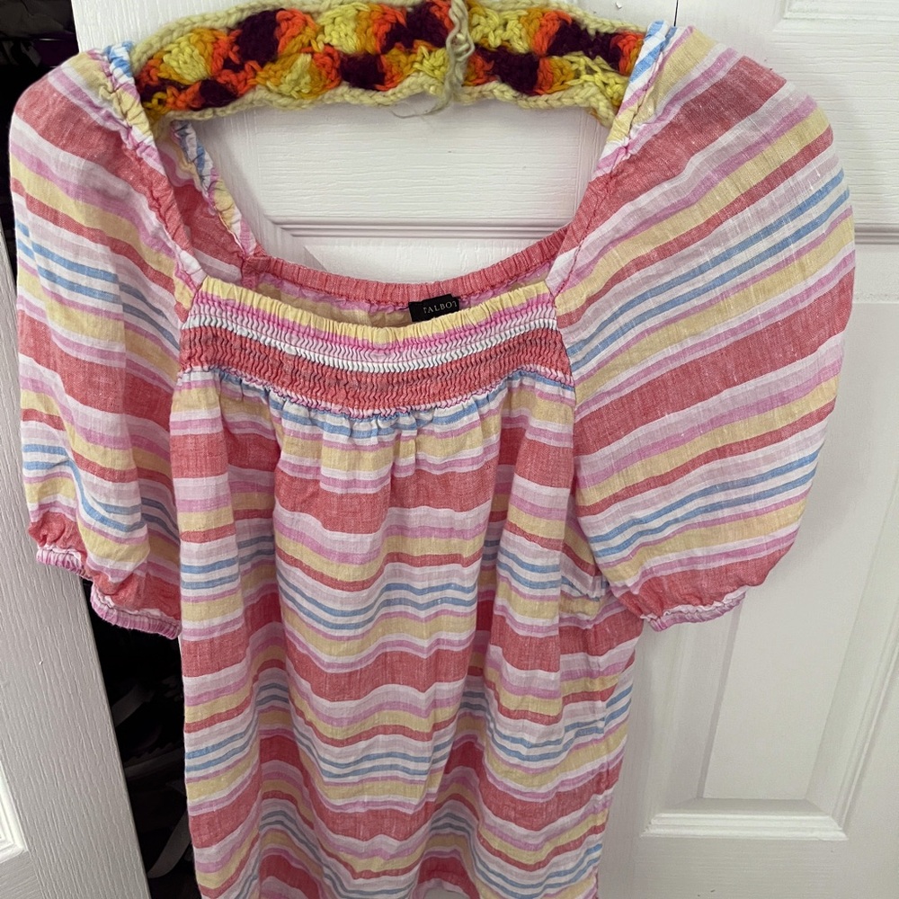 Talbots Square neck, Linen pull over top in Palm Stripe